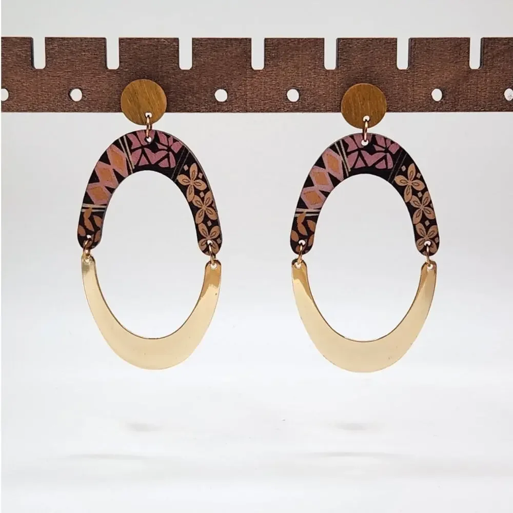 Boho Oval Geometric Wood and Gold Tone Metal Mixed Media Dangle Earrings